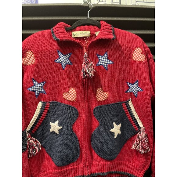 Marsh Landing Zip Front Cardigan Sweater Large Red White Blue Mitten Star USA - Picture 2 of 15